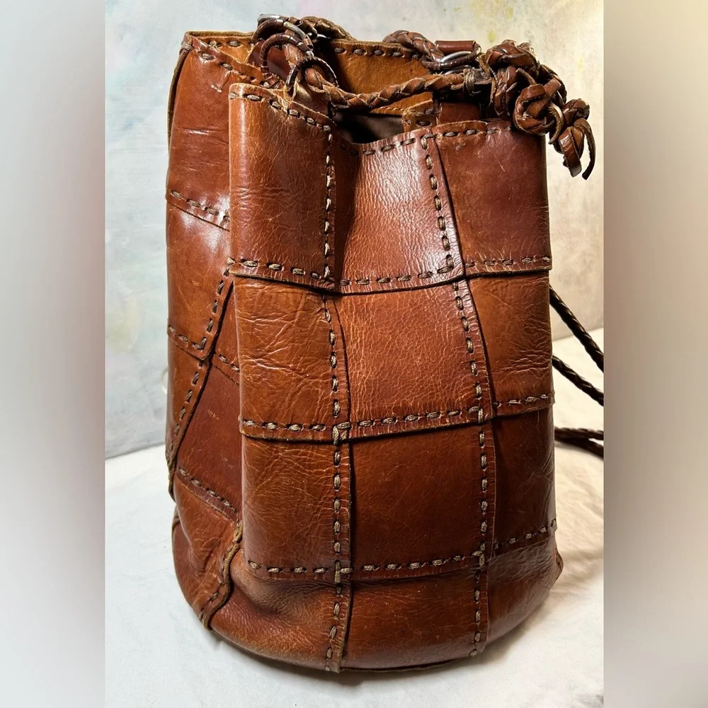 Brown Leather Patchwork Bucket Bag - Picture 2 of 7